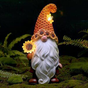 Garden Gnomes Outdoor - Sunflower Gnome Statue with Solar LED Lights for Yard